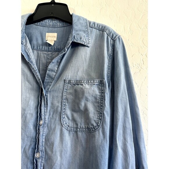 Chicos Woman's Denim Button Up Top Size 0 Blue Chambray Long Sleeve Western Boho - Picture 13 of 16